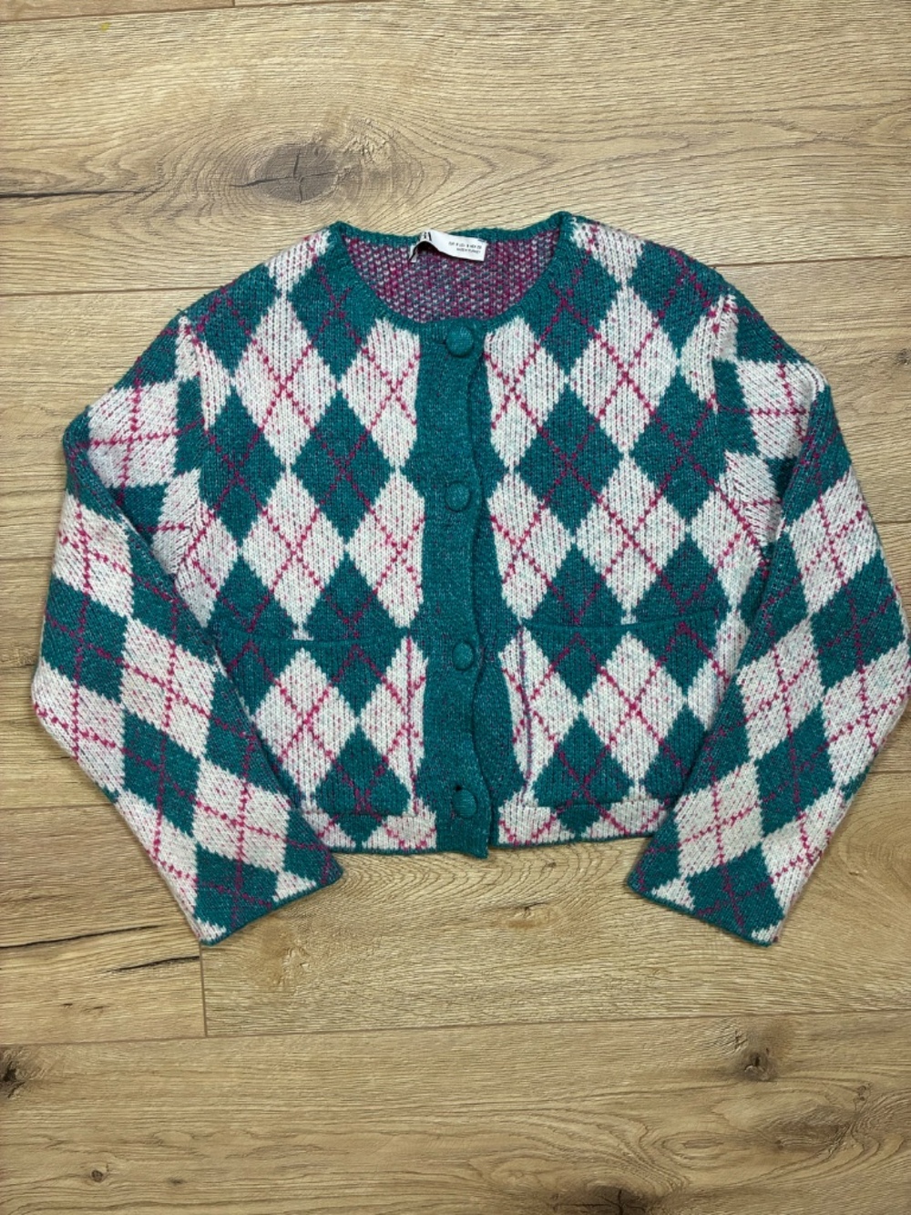Zara Argyle Cropped Cardigan Teal White Pink Size S